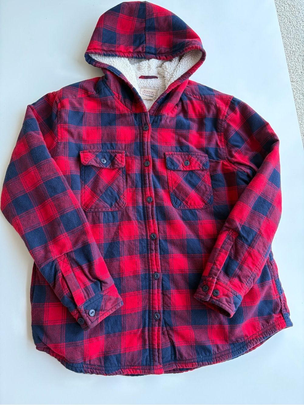 Boston Traders Red and Navy Hooded Plaid Flannel Jacket. Sherpa Lined. Sz L